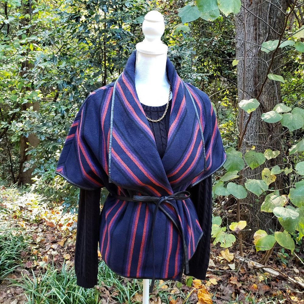 BB DAKOTA Point Blanket Striped Vest Vegan Leather Tie Waist Size Small NWT